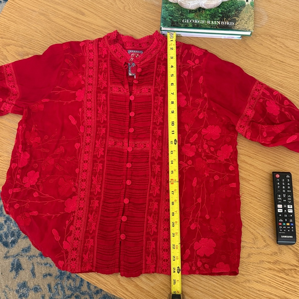 Johnny Was Red Embroidered Ruffle Front Blouse - Picture 9 of 11